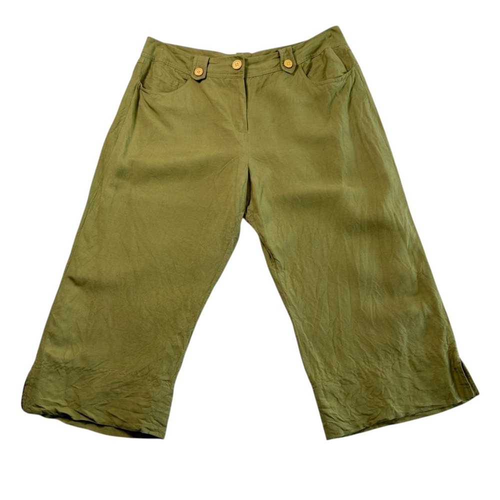 Larry Levine Womens Linen Blend Cropped Pants Sz 14 Olive Green Wide Leg Capri